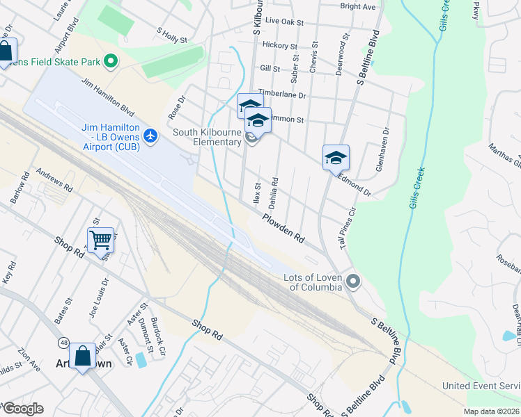 map of restaurants, bars, coffee shops, grocery stores, and more near 3800 Plowden Road in Columbia