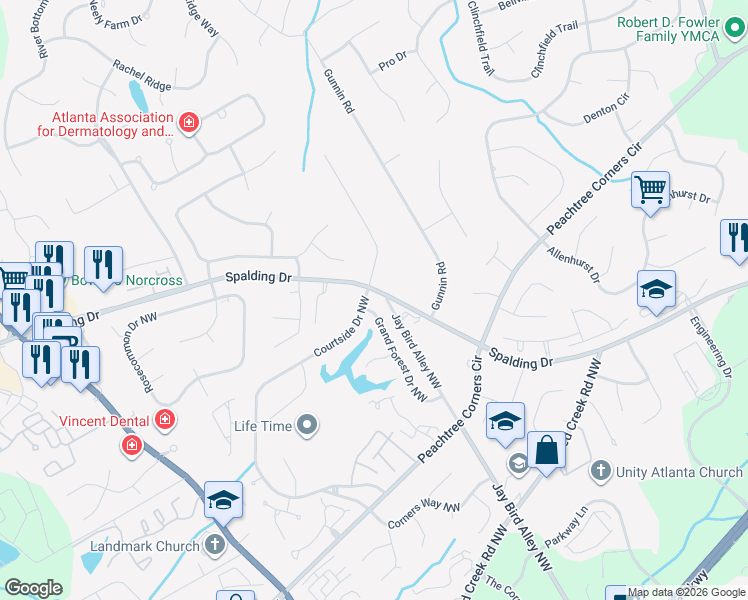 map of restaurants, bars, coffee shops, grocery stores, and more near 6026 Courtside Drive Northwest in Norcross