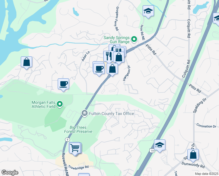 map of restaurants, bars, coffee shops, grocery stores, and more near 1502 Morgans Landing Drive in Sandy Springs