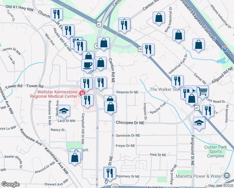 map of restaurants, bars, coffee shops, grocery stores, and more near 170 Sequoia Drive Northeast in Marietta