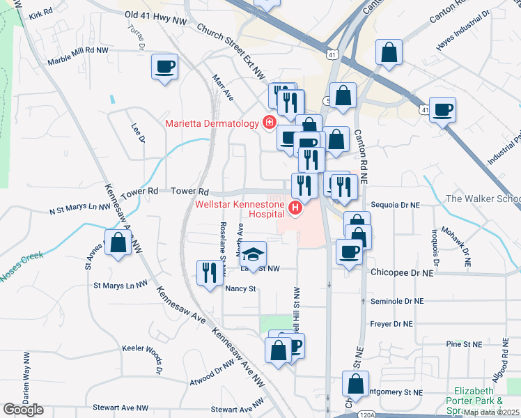 map of restaurants, bars, coffee shops, grocery stores, and more near 514 North Avenue in Marietta