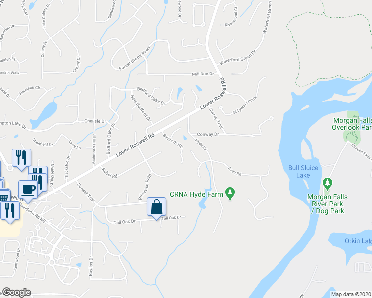 map of restaurants, bars, coffee shops, grocery stores, and more near 860 Saints Drive Northeast in Marietta