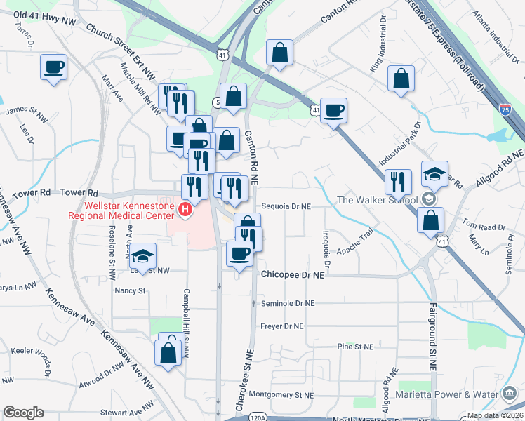 map of restaurants, bars, coffee shops, grocery stores, and more near 170 Sequoia Drive Northeast in Marietta