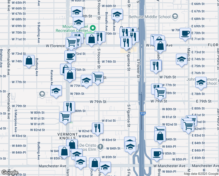 map of restaurants, bars, coffee shops, grocery stores, and more near 701 West 78th Street in Los Angeles