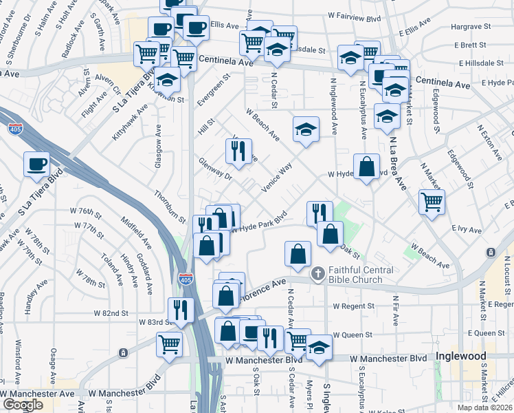 map of restaurants, bars, coffee shops, grocery stores, and more near 702 Venice Way in Inglewood