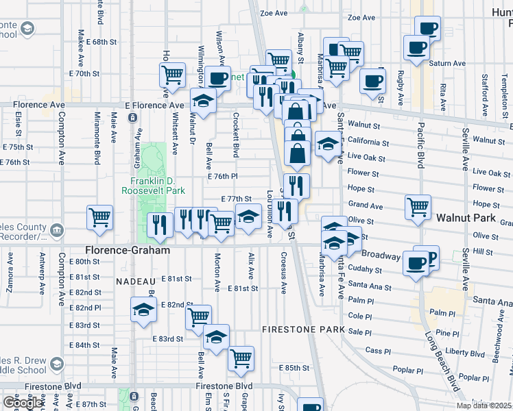 map of restaurants, bars, coffee shops, grocery stores, and more near 2029 East 78th Street in Los Angeles