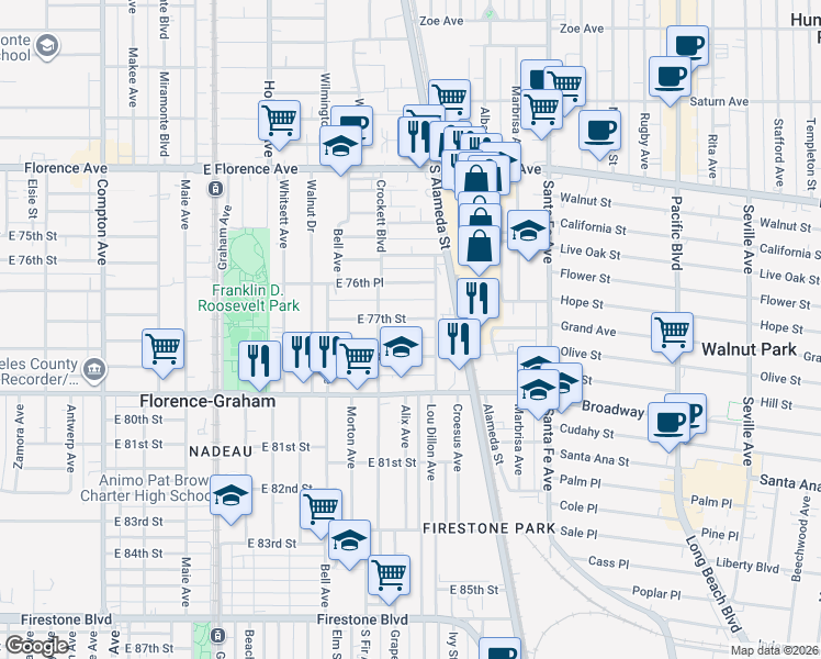 map of restaurants, bars, coffee shops, grocery stores, and more near 2034 East 77th Street in Los Angeles
