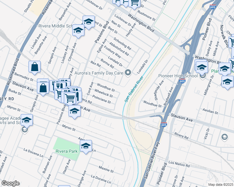 map of restaurants, bars, coffee shops, grocery stores, and more near 9654 Woodhue Street in Pico Rivera