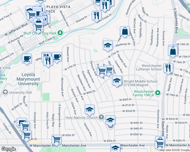 map of restaurants, bars, coffee shops, grocery stores, and more near 7916 Denrock Avenue in Los Angeles