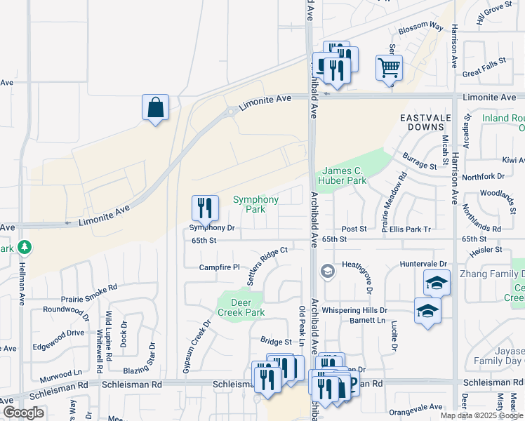 map of restaurants, bars, coffee shops, grocery stores, and more near 6525 Cadenza Drive in Corona