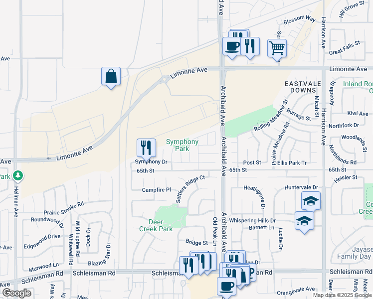 map of restaurants, bars, coffee shops, grocery stores, and more near 6525 Cadenza Drive in Corona