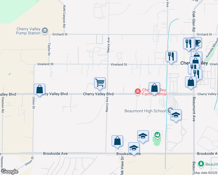 map of restaurants, bars, coffee shops, grocery stores, and more near 10456 Nancy Avenue in Cherry Valley