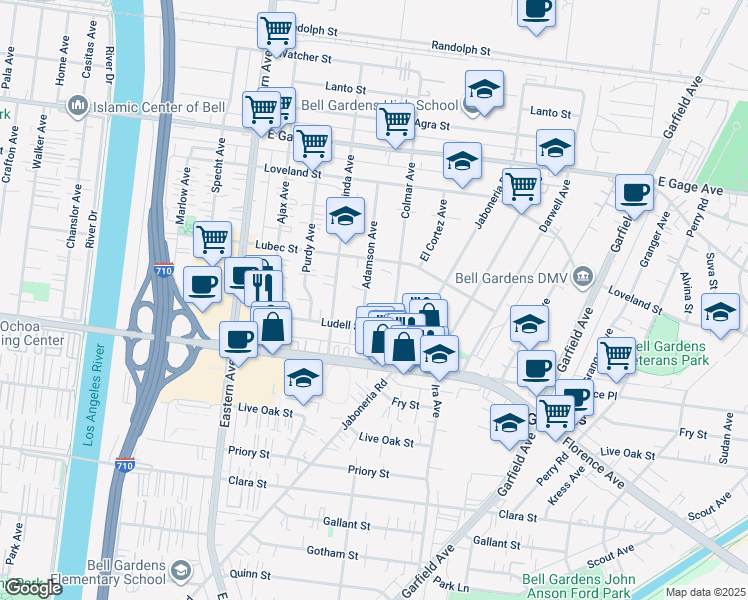 map of restaurants, bars, coffee shops, grocery stores, and more near 6914 Adamson Avenue in Bell Gardens