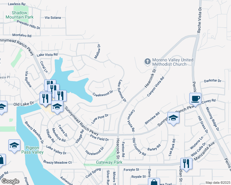 map of restaurants, bars, coffee shops, grocery stores, and more near 23959 Creekwood Drive in Moreno Valley
