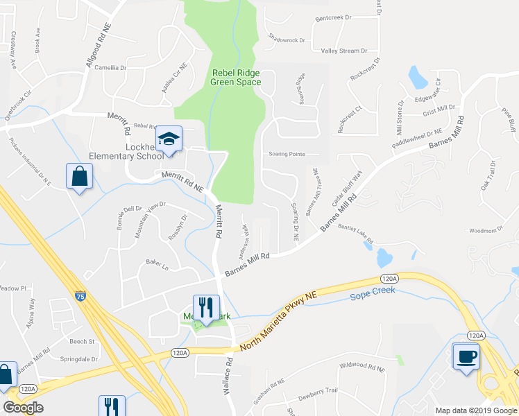 map of restaurants, bars, coffee shops, grocery stores, and more near 705 Coventry Township Lane in Marietta