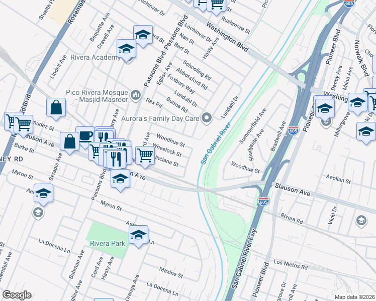 map of restaurants, bars, coffee shops, grocery stores, and more near 9654 Woodhue Street in Pico Rivera