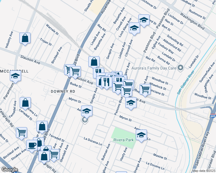 map of restaurants, bars, coffee shops, grocery stores, and more near 9247 Slauson Avenue in Pico Rivera