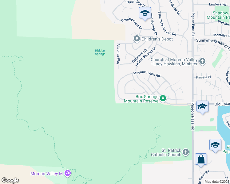 map of restaurants, bars, coffee shops, grocery stores, and more near 22392 Mountain View Road in Moreno Valley