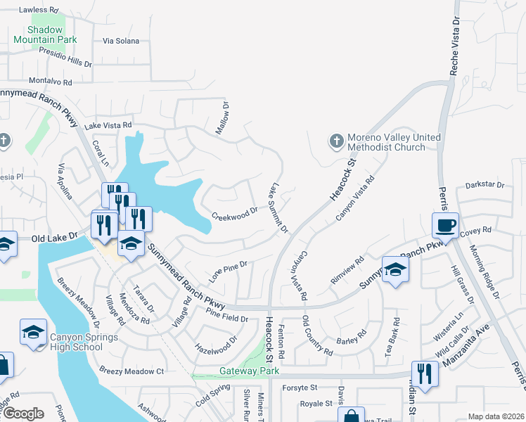 map of restaurants, bars, coffee shops, grocery stores, and more near 23959 Creekwood Drive in Moreno Valley