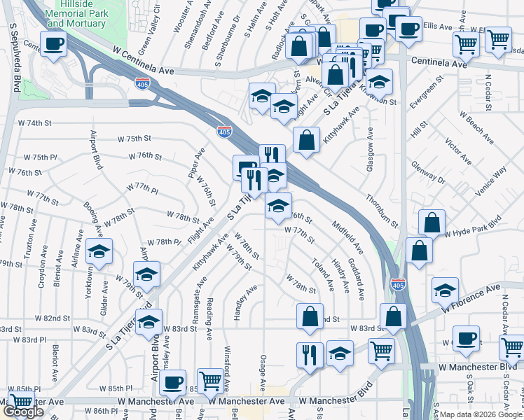 map of restaurants, bars, coffee shops, grocery stores, and more near 7601 Kittyhawk Avenue in Los Angeles