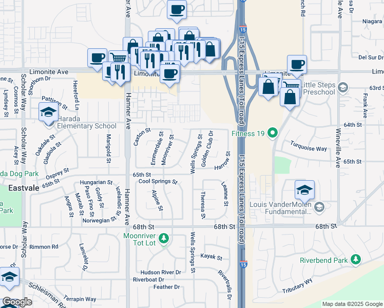 map of restaurants, bars, coffee shops, grocery stores, and more near 6539 Wells Springs Street in Eastvale