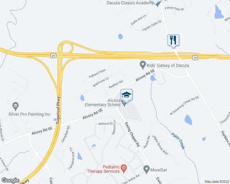 map of restaurants, bars, coffee shops, grocery stores, and more near Redflower Rd in Dacula