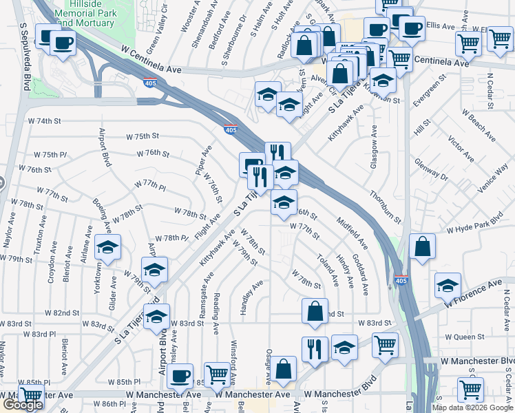 map of restaurants, bars, coffee shops, grocery stores, and more near 7638 Kittyhawk Avenue in Los Angeles