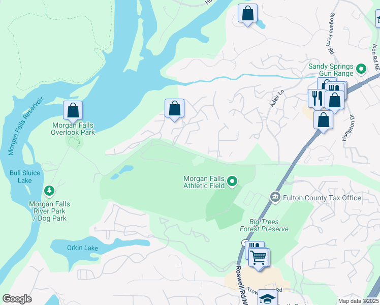 map of restaurants, bars, coffee shops, grocery stores, and more near 500 Morgan Falls Road in Atlanta