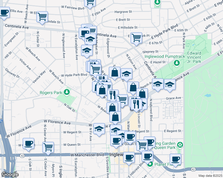 map of restaurants, bars, coffee shops, grocery stores, and more near 417 North Market Street in Inglewood