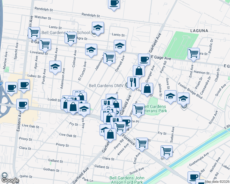map of restaurants, bars, coffee shops, grocery stores, and more near 6713 Toler Avenue in Bell Gardens