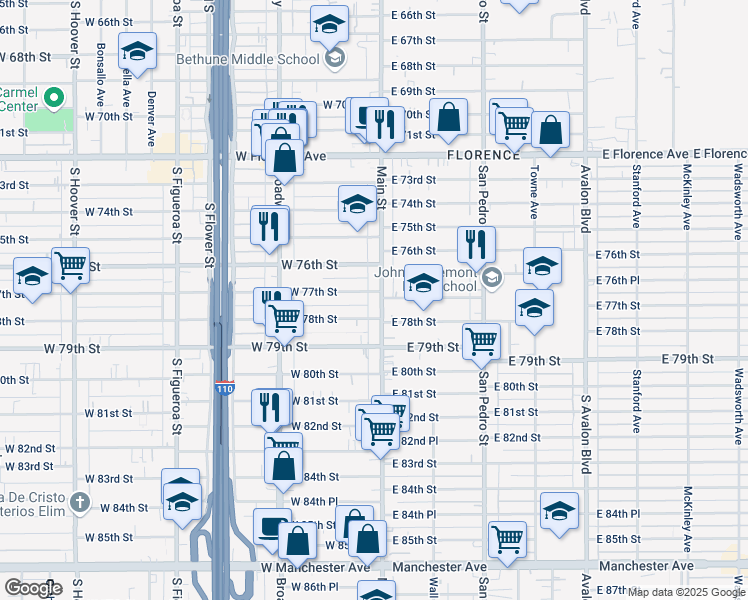 map of restaurants, bars, coffee shops, grocery stores, and more near 129 West 78th Street in Los Angeles