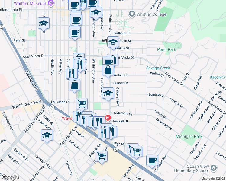 map of restaurants, bars, coffee shops, grocery stores, and more near 7912 Painter Avenue in Whittier