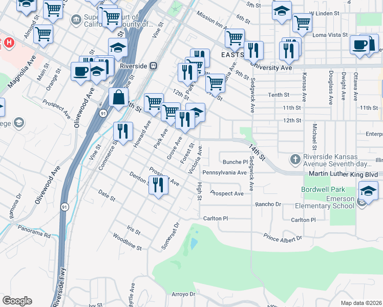 map of restaurants, bars, coffee shops, grocery stores, and more near in Riverside