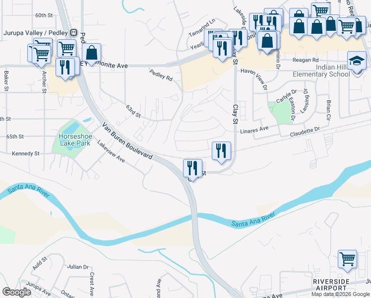 map of restaurants, bars, coffee shops, grocery stores, and more near 8515 Peachwillow Court in Jurupa Valley