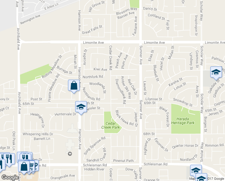 map of restaurants, bars, coffee shops, grocery stores, and more near 6512 Cedar Creek Road in Corona