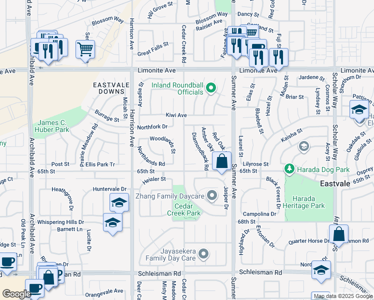 map of restaurants, bars, coffee shops, grocery stores, and more near 6512 Cedar Creek Road in Corona