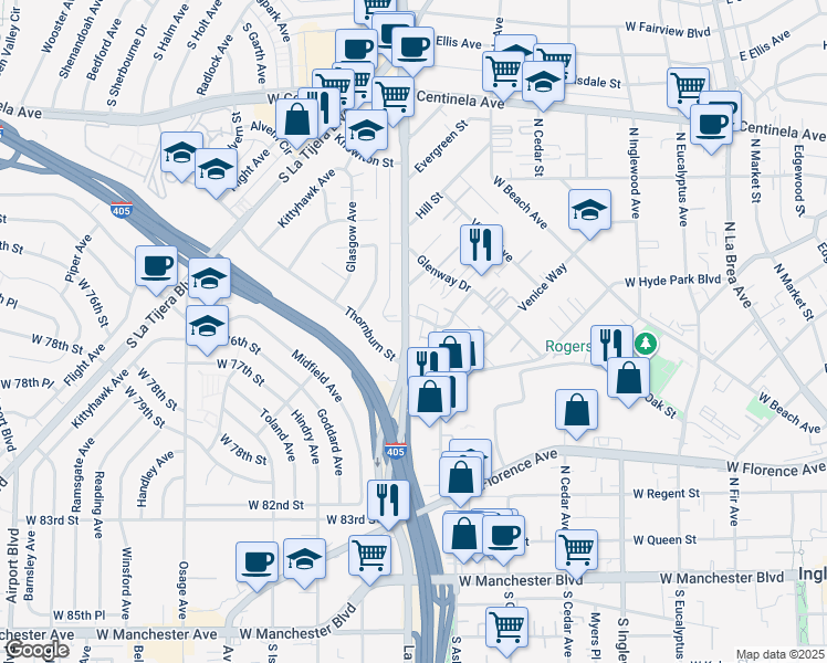 map of restaurants, bars, coffee shops, grocery stores, and more near 7208 La Cienega Boulevard in Inglewood