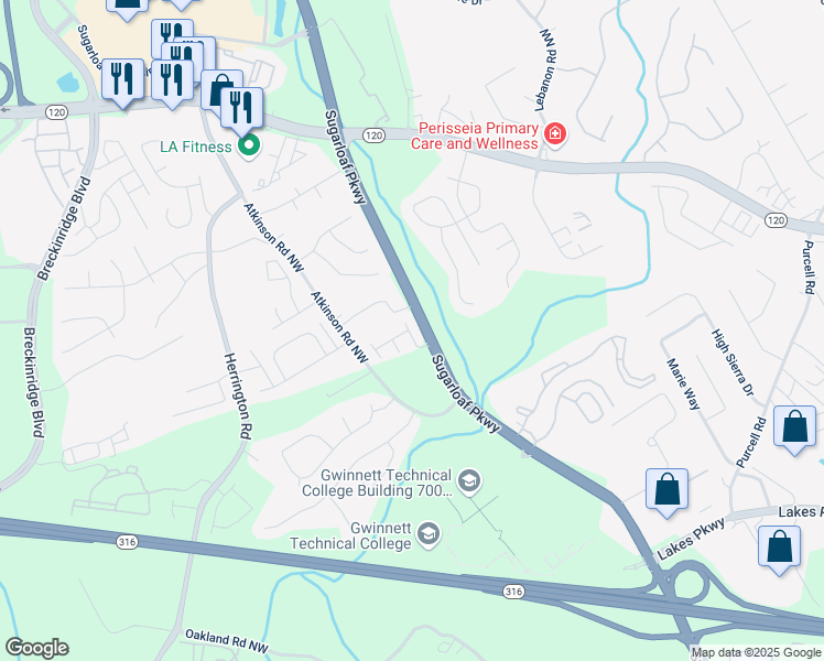map of restaurants, bars, coffee shops, grocery stores, and more near 1600 Gardner Park Drive in Lawrenceville