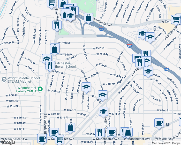 map of restaurants, bars, coffee shops, grocery stores, and more near 5918 West 78th Street in Los Angeles