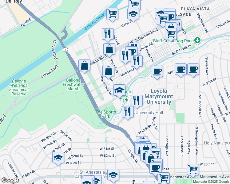 map of restaurants, bars, coffee shops, grocery stores, and more near 7100 Playa Vista Drive in Los Angeles