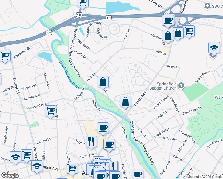 map of restaurants, bars, coffee shops, grocery stores, and more near 145 Strickland Avenue in Athens