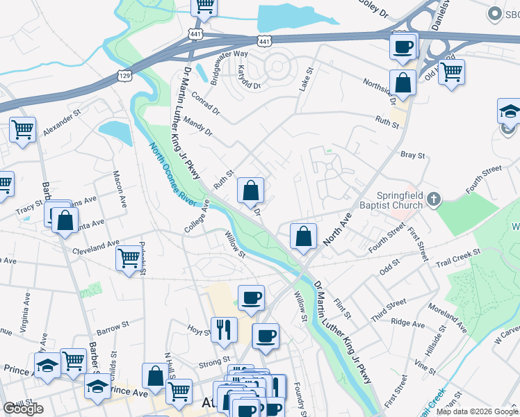 map of restaurants, bars, coffee shops, grocery stores, and more near 115 Ruth Drive in Athens