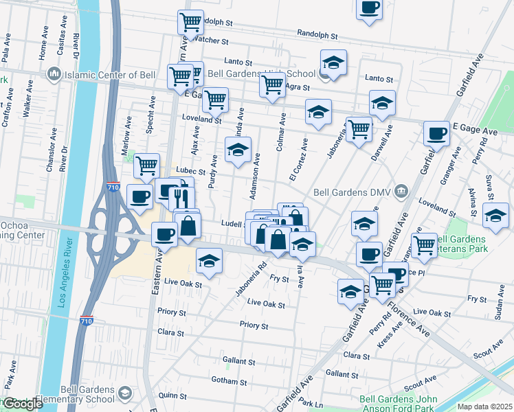 map of restaurants, bars, coffee shops, grocery stores, and more near 6914 Adamson Avenue in Bell Gardens