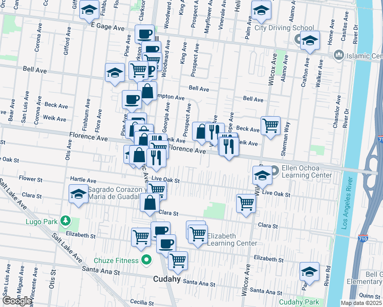 map of restaurants, bars, coffee shops, grocery stores, and more near 4704 Florence Avenue in Bell