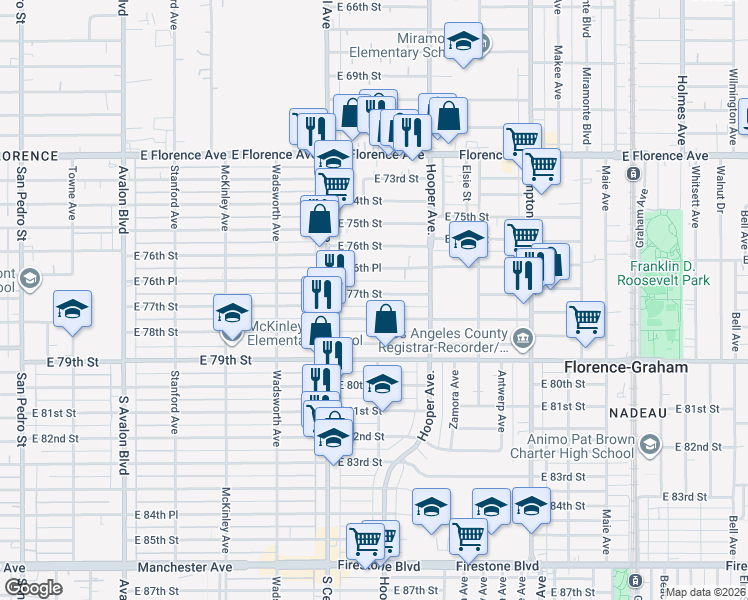 map of restaurants, bars, coffee shops, grocery stores, and more near 1158 East 77th Street in Los Angeles