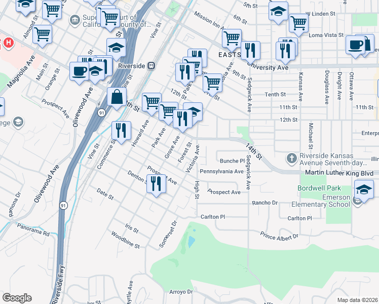 map of restaurants, bars, coffee shops, grocery stores, and more near in Riverside