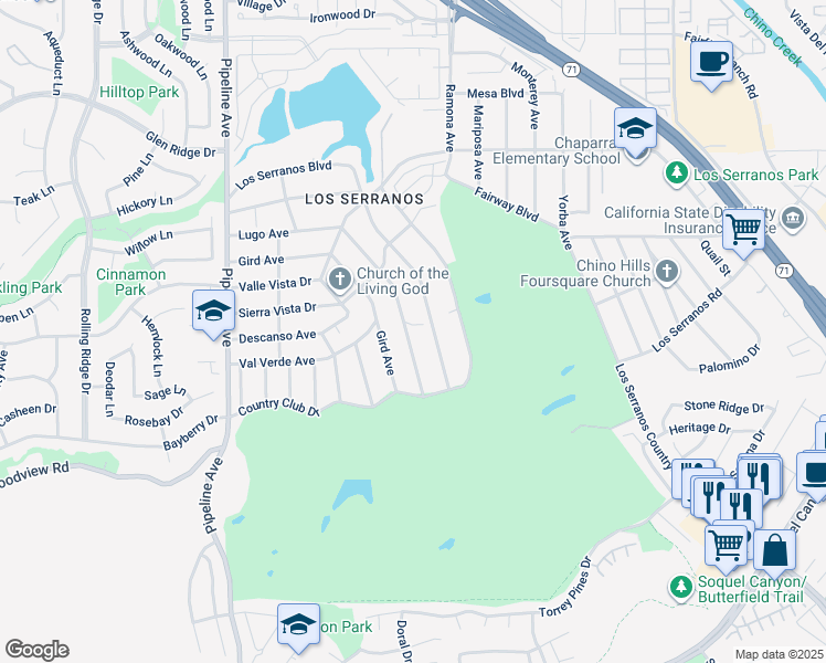 map of restaurants, bars, coffee shops, grocery stores, and more near 4449 Lugo Avenue in Chino Hills