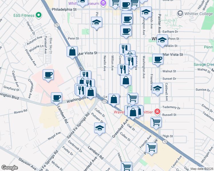 map of restaurants, bars, coffee shops, grocery stores, and more near 7933 Newlin Avenue in Whittier