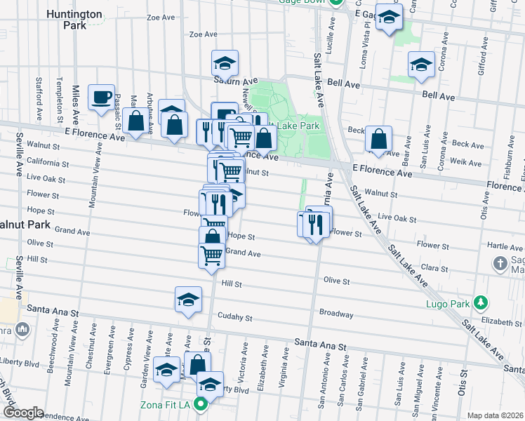 map of restaurants, bars, coffee shops, grocery stores, and more near 3353 Flower Street in Huntington Park