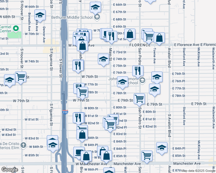 map of restaurants, bars, coffee shops, grocery stores, and more near 129 West 78th Street in Los Angeles